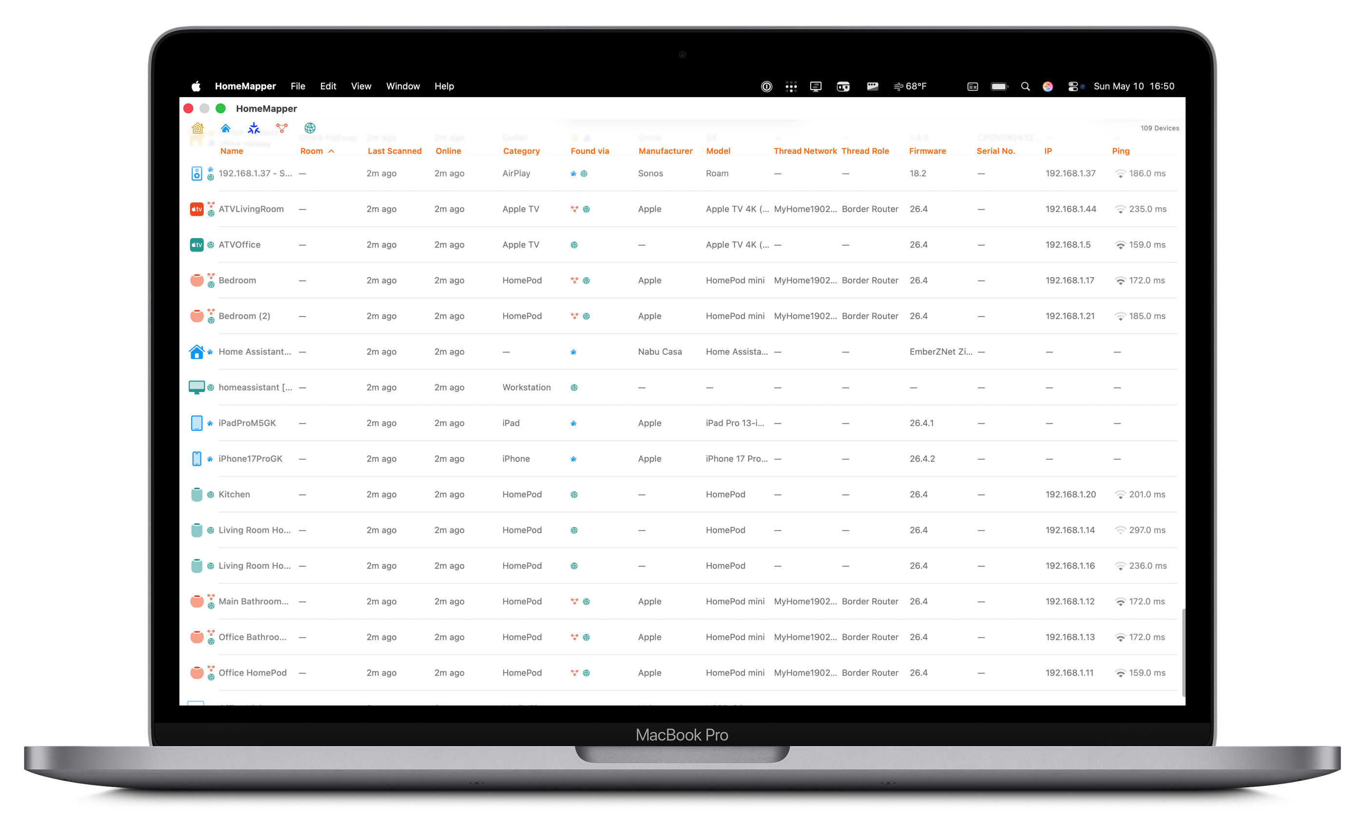 HomeMapper device list on Mac